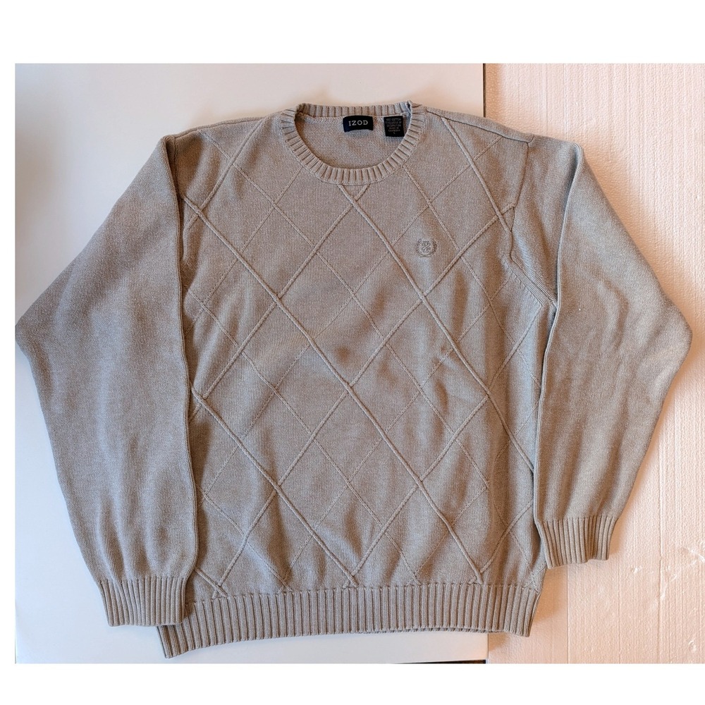 IZOD Mens Large Tan Cotton Diamond Textured Knit Crewneck Sweater Logo Beige - Picture 1 of 6
